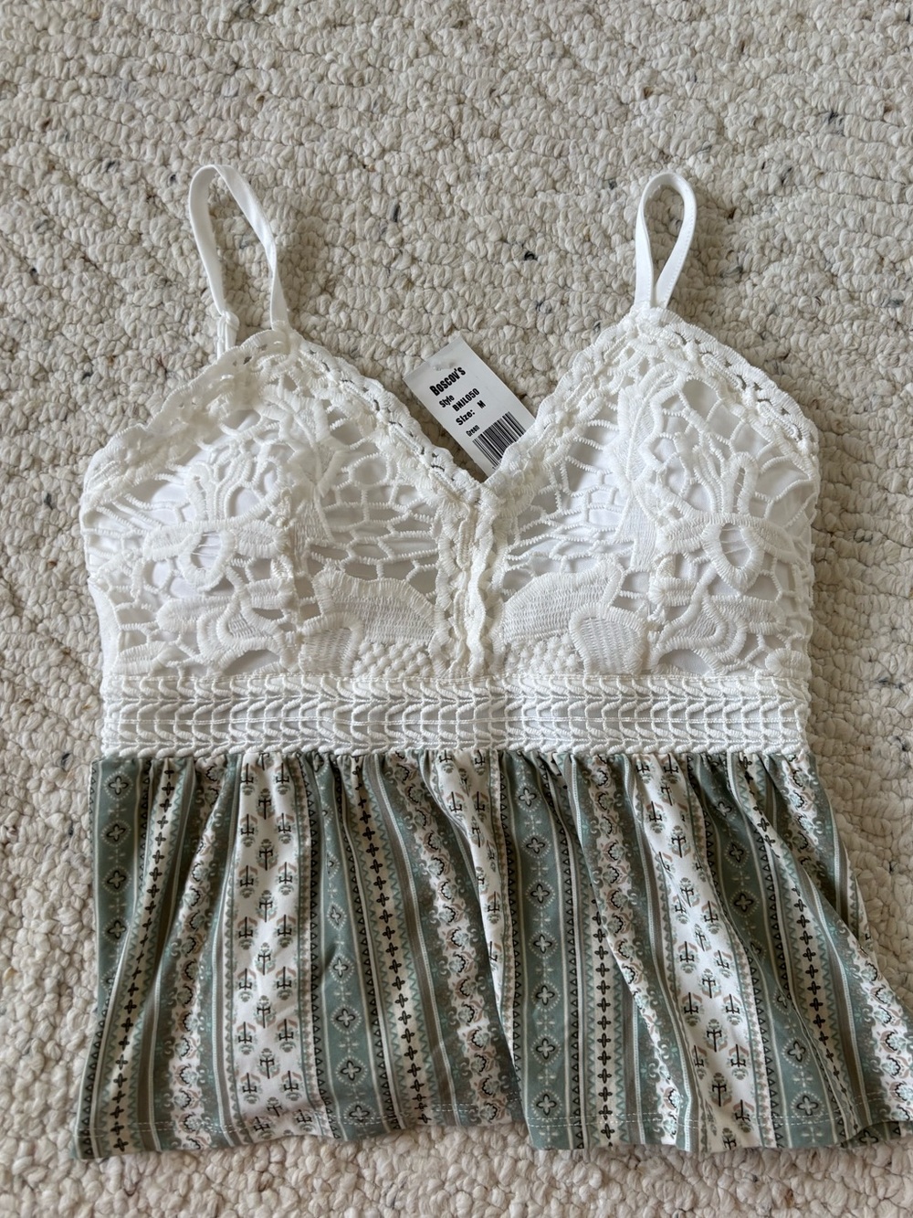 Derek Heart White Lace Bodice Sage-Patterned Peplum Bandeau